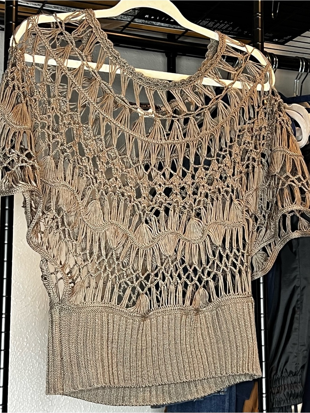 Open Crochet Short Sleeve Pullover Top — Taupe